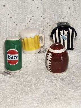 Salt And Pepper Shakers Referee Shirt, Football, Mug Of Beer, Can Of Beer